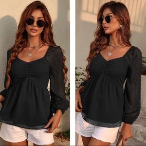 Black Swiss Dot Flounce Sleeve Blouse